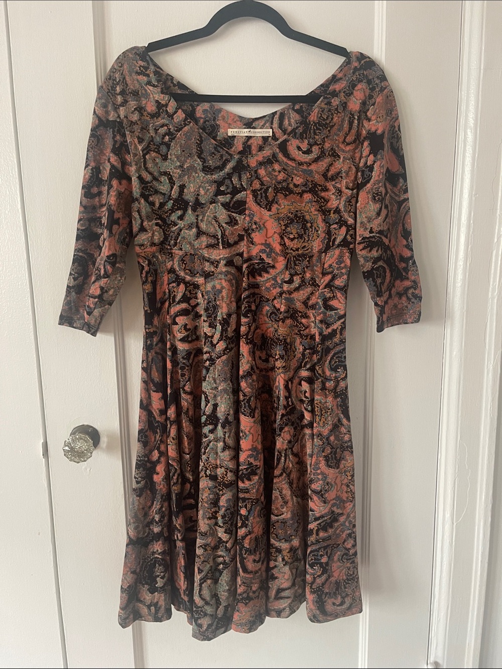 Peruvian Connection Velvet Paisley Fit-and-Flare A-line Dress in Coral and Black